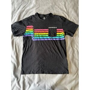 Converse Mens Small Black Rainbow Stripe Pocket Graphic T-Shirt Pride Logo Tee